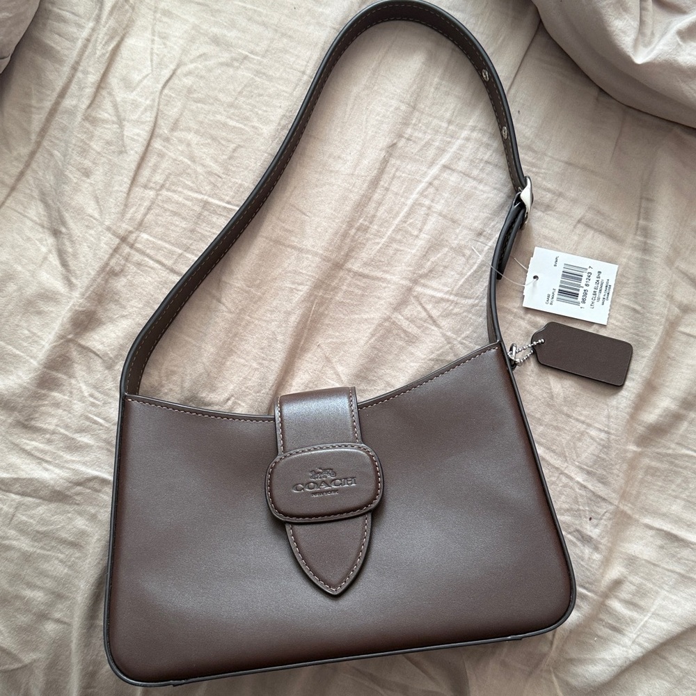 Coach Eliza Shoulder Bag With Zipper Closure Brown Silver NEW - Picture 4 of 5